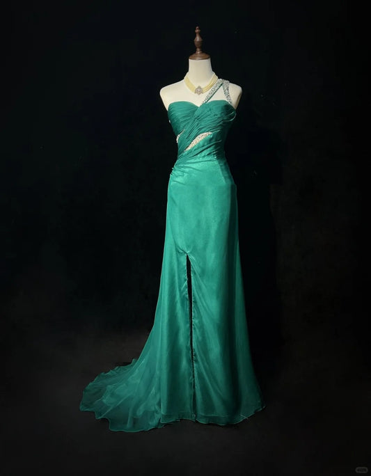 Green rhinestone beads elegant long satin Prom Dres evening gown nv4930