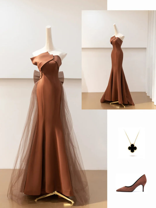 Brown Satin Elegant Long Mermaid Tulle Prom Dress Evening Dress Party Dress nv4752
