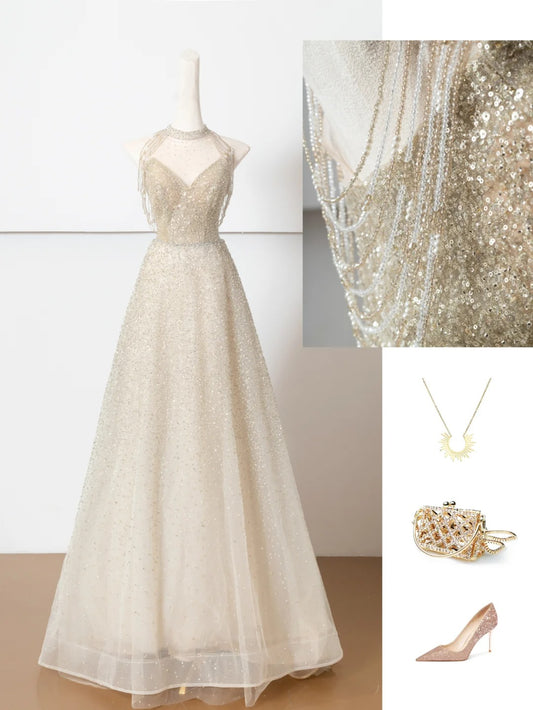 Champagne gold shining elegant tulle long prom dress evening dress party dress nv4753