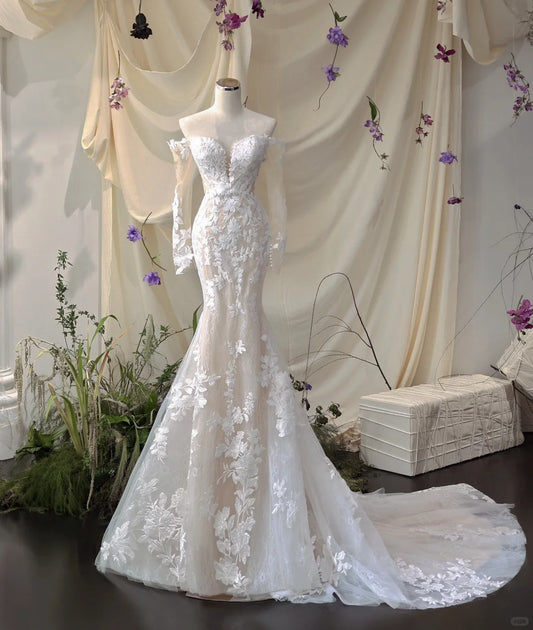 White floral applique lace long sleeves long mermaid slim fit floor length ball gown evening gown wedding dress nv4435