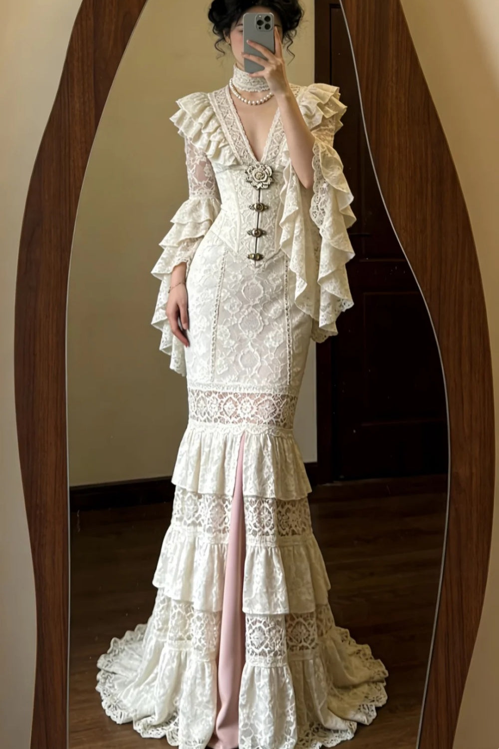 Cream Lace Victorian Corset Mermaid Evening Gown with Ruffled Sleeves NV6558