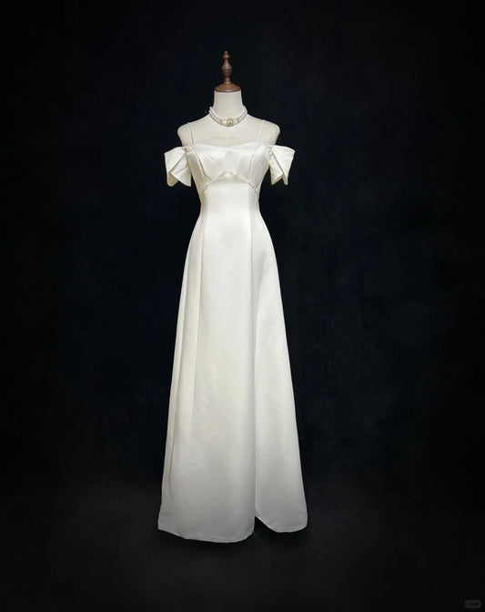 White Delicate Pearl Elegant Long Satin Prom Dress Evening Dress nv4927