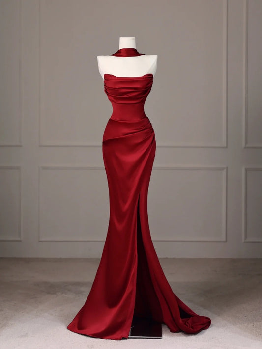 Burgundy Beaded Long Satin Ball Gown Evening Dress nv4436