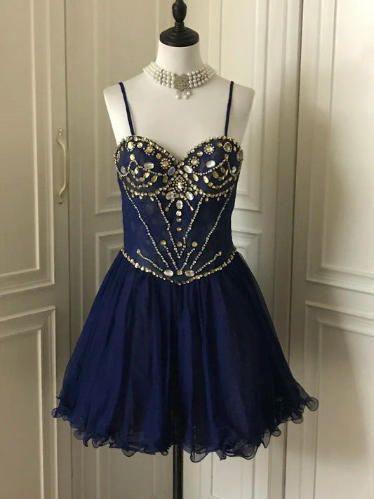 Navy Beaded Short Tulle Princess Homecoming Dress Birthday Party Dress nv4713