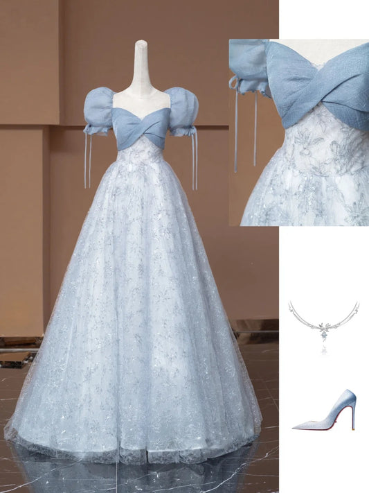 Blue Sweet Floral Elegant Fashion Long Prom Dress Evening Dress Party Dress Girls Dress  nv4745