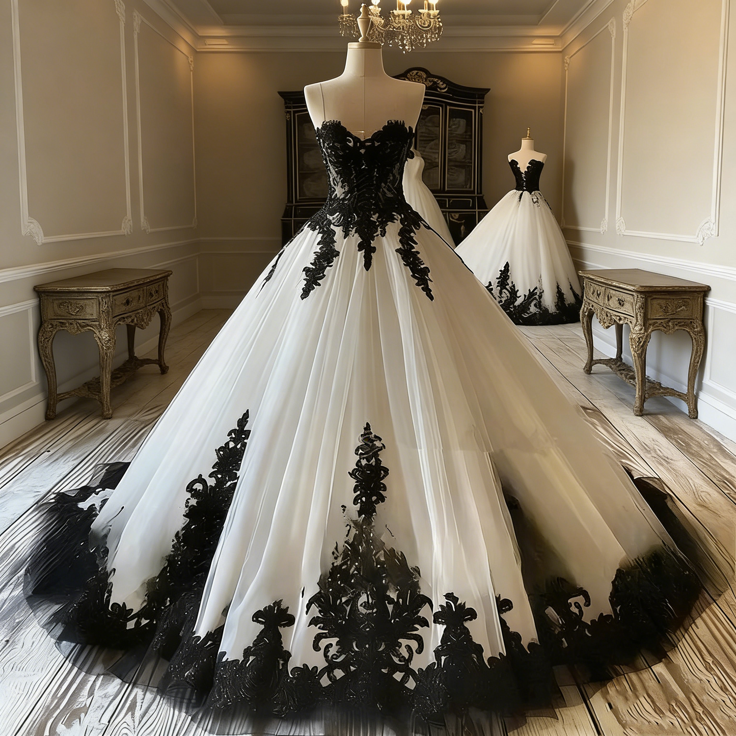 Black & White Lace Contrast Train Bridal Gown - Gothic Themed Wedding Dress NV6776