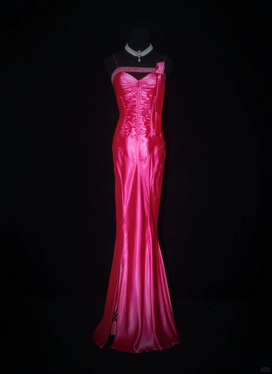 Rose Red Barbie Princess Fashion Off Shoulder Back Long Satin Prom Dress Evening Dress nv5205