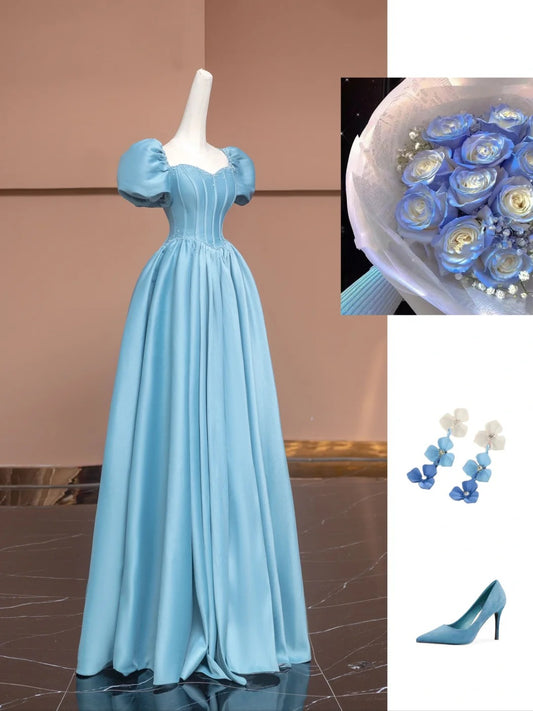 Blue Delicate Beaded Long Satin Prom Dress Ball Gown Evening Gown Party Dress nv4731