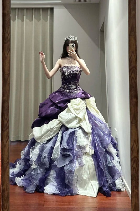 NiceVestidos--Purple Vintage Exquisite Beaded Long Satin Tulle Ball Gown Princess 16th Birthday Dress NV5665