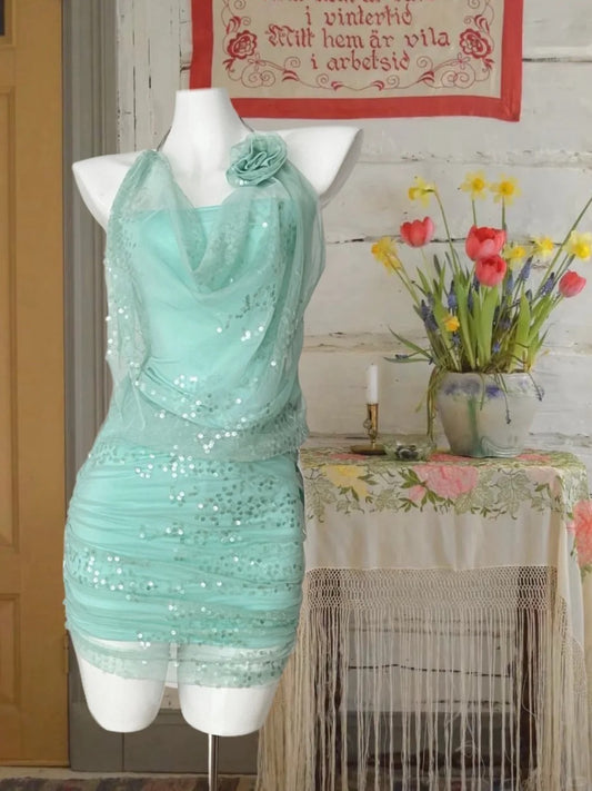 Mint Green Shiny Elegant Short Sequin Chiffon Homecoming Dress Birthday Party Dress nv4916