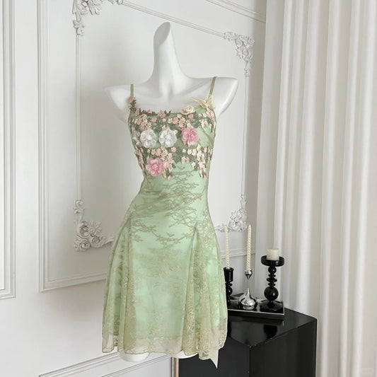 Mint Mambo Green Short Homecoming Dress Birthday Party Dress Lace Floral Sling Dress nv4634