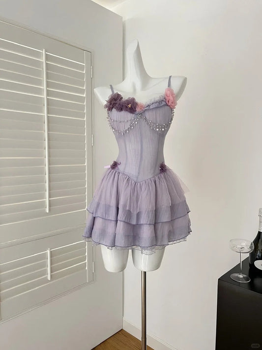 Purple Sweet Floral Short Chiffon Homecoming Dress Prom Dress Evening Dress Birthday Dress nv4638