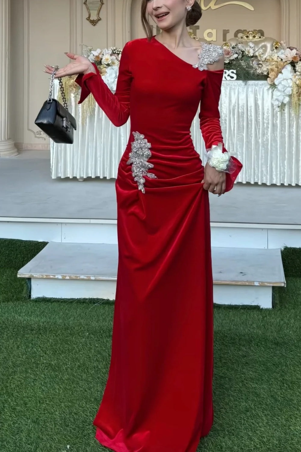 Red Velvet Flared Sleeve Maxi Dress - Asymmetric Neck Crystal Embellished Evening Gown NV6797