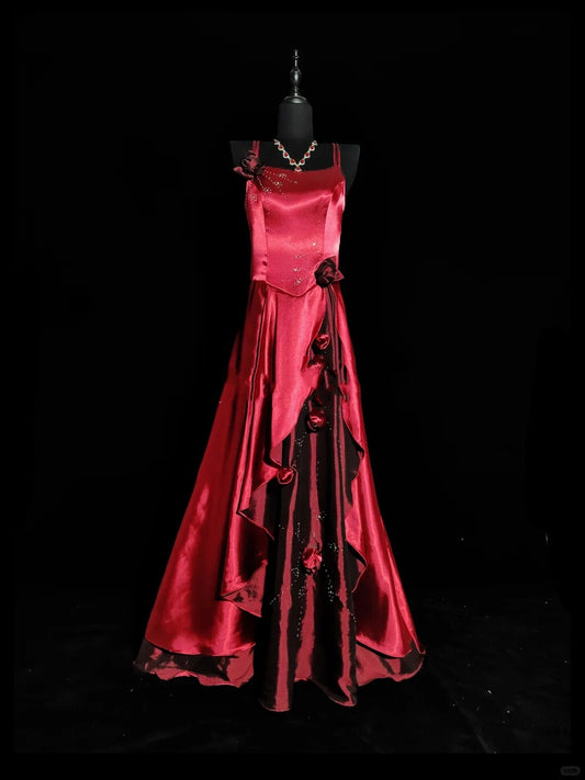 Red Gorgeous Vintage Elegant Delicate Floral Beaded Long Satin Prom Dress Evening Dress Party Dress Prom Dress nv3963