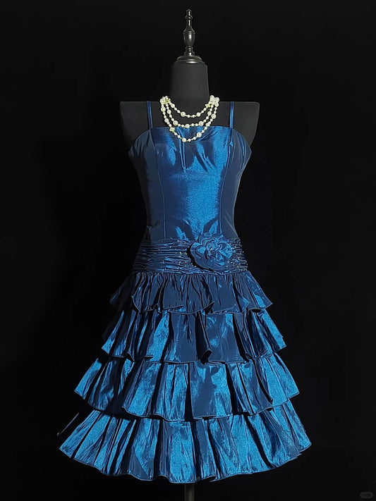 Blue Gorgeous Elegant Fashion Exquisite Beaded Short Satin Ball Gown Evening Gown Prom Gown Homecoming Gown nv3872