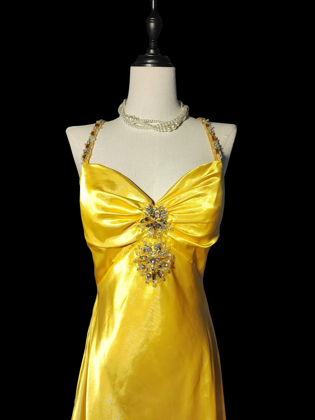 Yellow Fashion Elegant V-neck Exquisite Gem Long Mermaid Slim Fishtail Skirt Satin Floor Length Train Ball Gown Evening Gown Party Gown Prom Dress nv3864