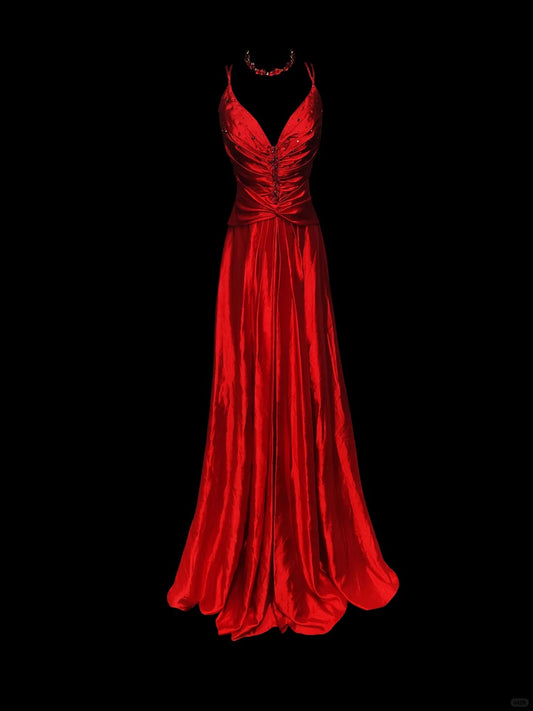 Red shiny fashion elegant V-neck long mermaid slim fishtail skirt satin floor-length train ball gown evening dress party dress prom dress nv3863