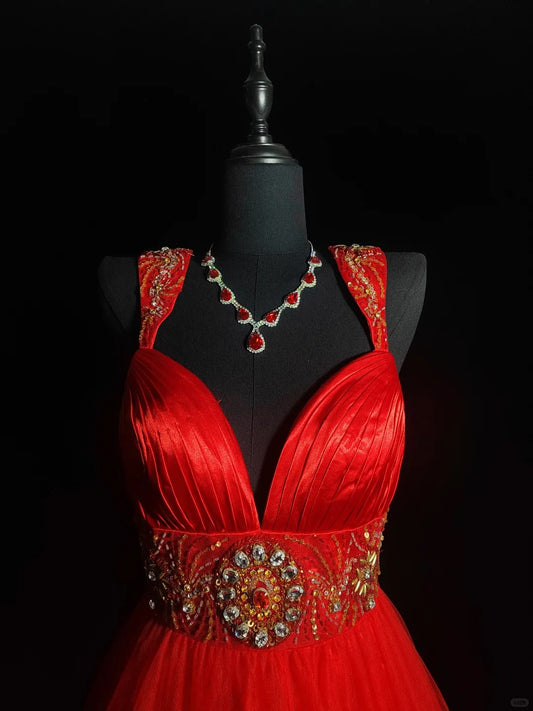 Red Gorgeous Elegant Fashion Exquisite Gemstone Beads Short Satin Tulle Ball Gown Evening Dress Prom Dress Homecoming Gown nv3871