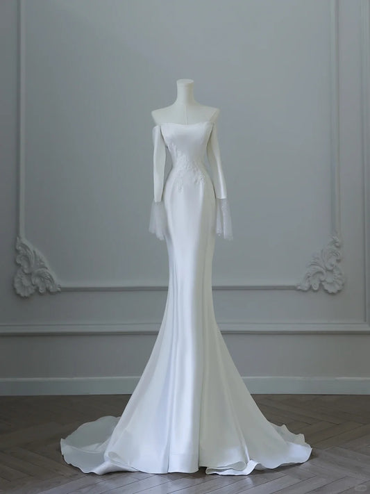 White simple fashion applique mermaid elegant long satin ball gown evening dress wedding dress nv4339