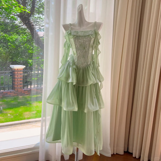 Green long chiffon tulle homecoming dress prom dress birthday party dress nv4669