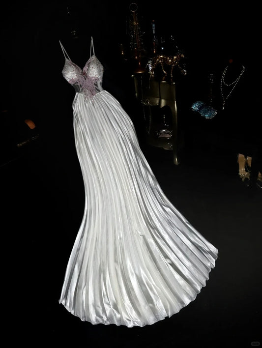 Silver Beading Fashion Elegant Long Satin Prom Dress Evening Dress Party Dress nv4687