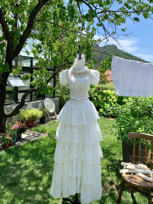 White sweet long chiffon homecoming dress birthday party dress two piece suit nv4939