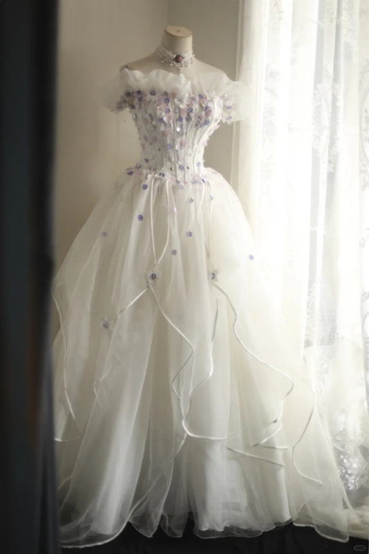 White sweet floral long tulle ball gown evening dress party dress nv4691