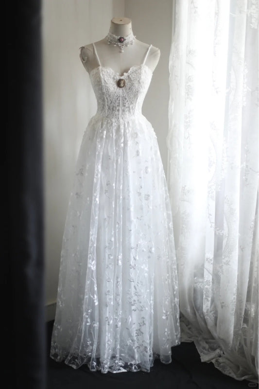 White Retro Simple Princess Cute Flower Embroidery Long lace Prom Dress Evening Dress Party Dress Bridesmaid Dress nv4694