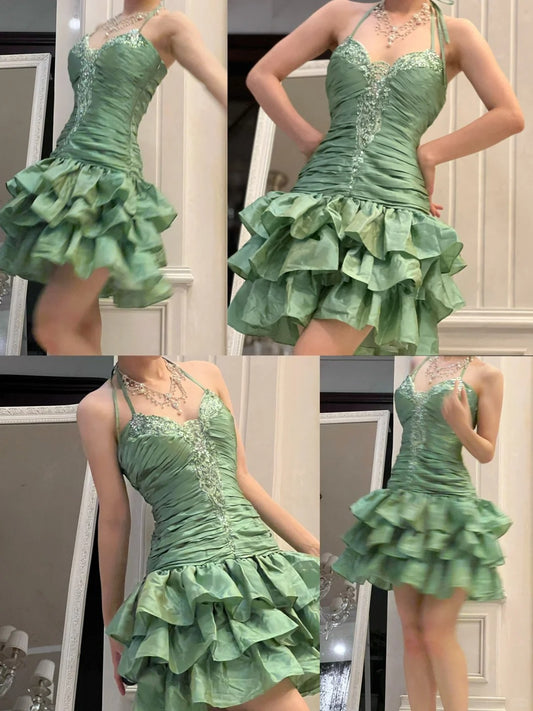 Green Beaded Short Satin Homecoming Dress Prom Dress Evening Dress Party Dress nv4633