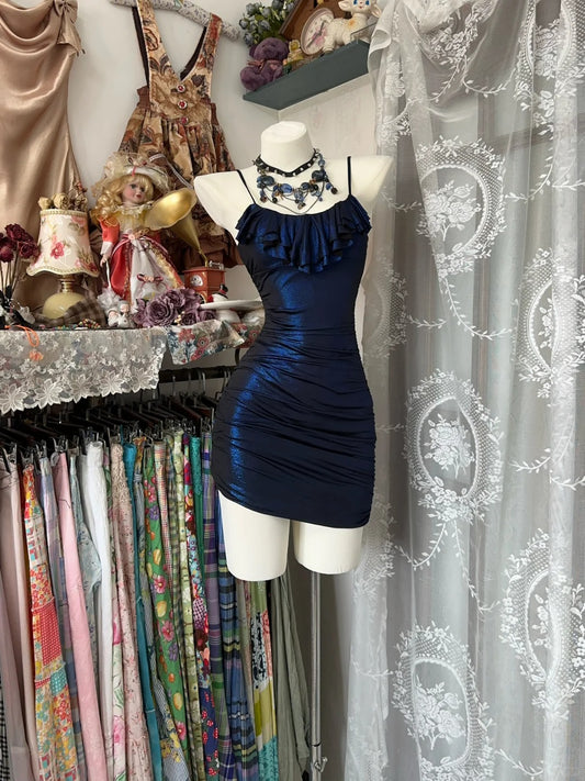 Navy Blue Vintage Elegant Short Satin Shiny Homecoming Dress Prom Dress Cocktail Party Dress nv4624