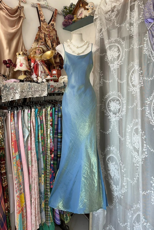 Blue Shiny Mermaid Retro Elegant Long Satin Homecoming Dress Birthday Party Dress nv4627