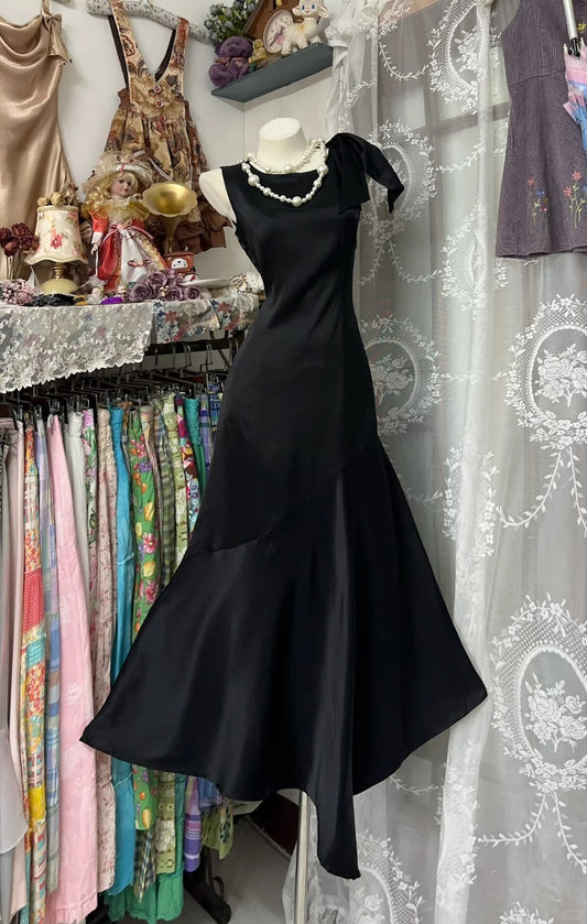 Retro black simple fashion long satin prom dress nv5426