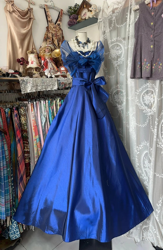 Blue Vintage Elegant Long Satin Prom Dress Evening Dress Homecoming Dress Birthday Party Dress nv4628