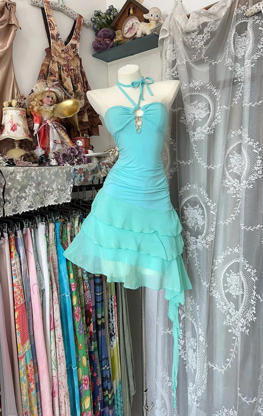 Blue Sweet Ruffle Vintage Short Chiffon Homecoming Dress Holiday Party Dress nv4621