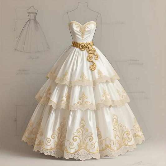 Gold Floral Appliques Multi-layered Ruffles Long Tulle Lace Ball Gown Evening Dress Birthday Party Dress nv4555