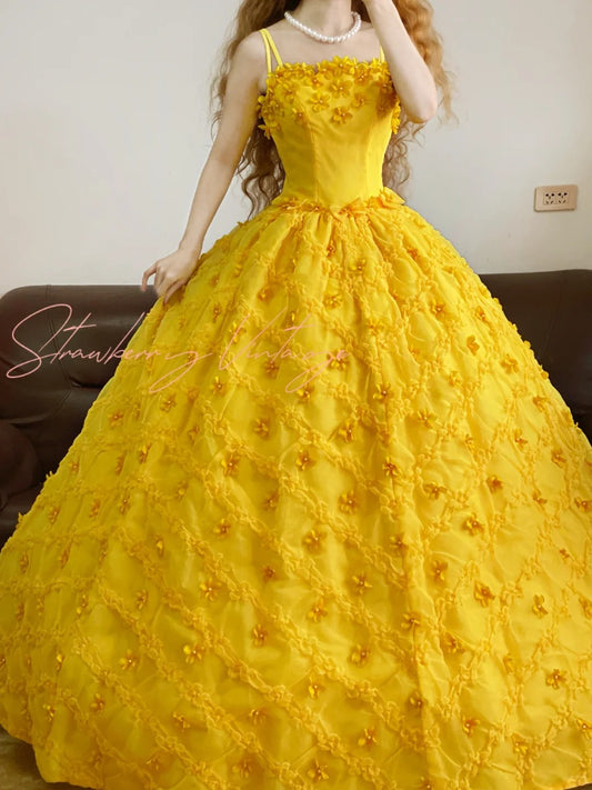 Yellow Vintage Elegant Floral Beaded Long Tulle Princess Ball Gown nv5009