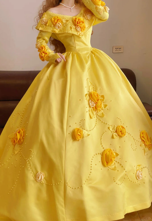 Yellow floral beaded long satin vintage ball gown nv5039