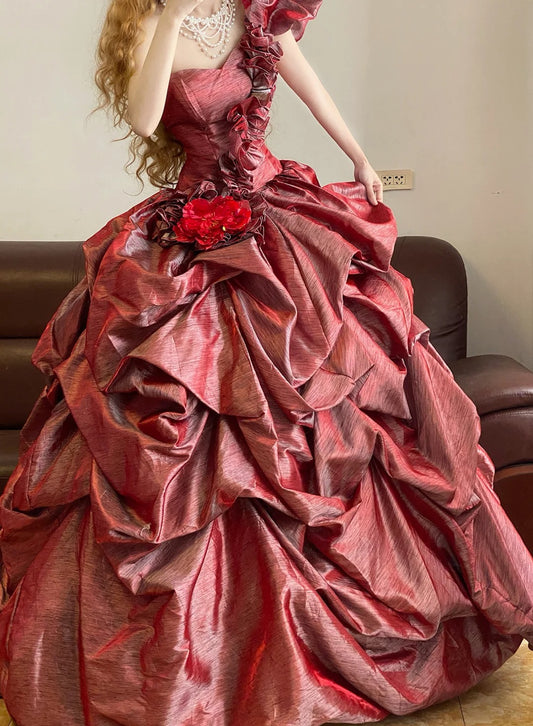 Red floral pleated fashionable long satin princess ball gown nv5045