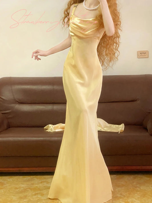 Yellow simple long vintage satin homecoming dress birthday party dress nv4998