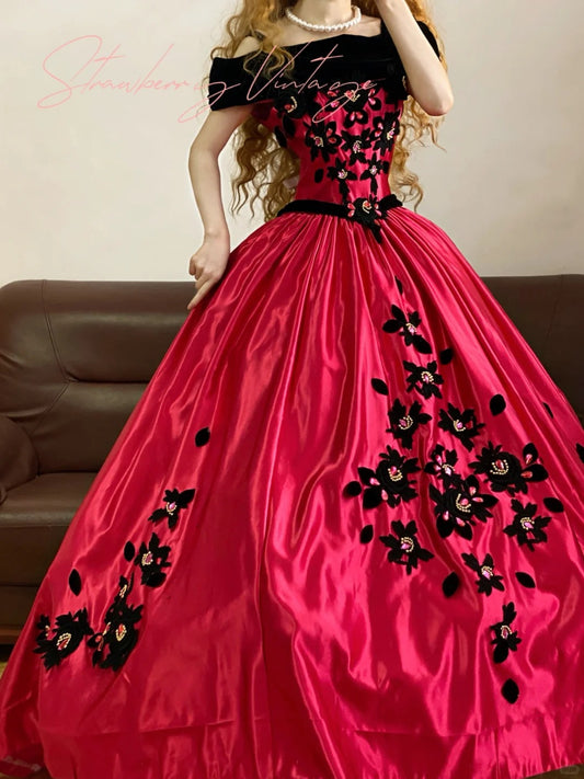 Pink Satin Floral Vintage Elegant Long Princess Ball Gown nv5014