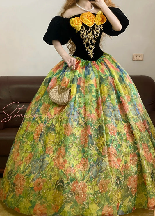 Colorful Floral Vintage Elegant Long Princess Tulle Ball Gown nv5013