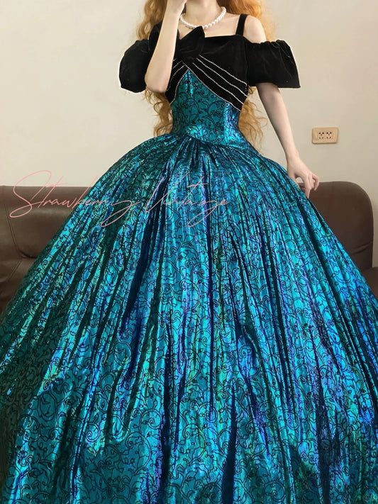 Blue floral vintage elegant floral long satin ball gown nv5016