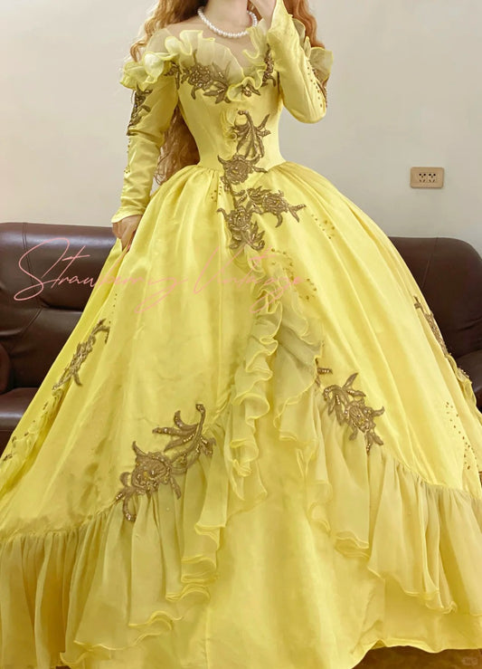 Yellow floral applique long vintage tulle ball gown nv4999