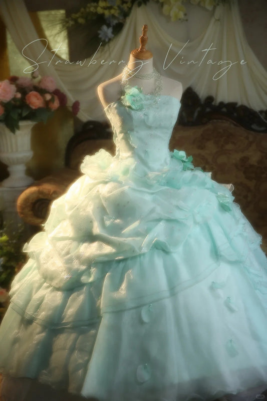 Mint Green Floral Long Tulle Vintage Ball Gown nv5037