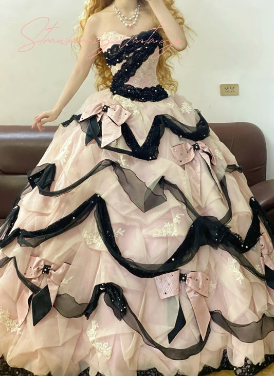 Pink Lace Bow Vintage Elegant Long Layered Princess Tulle Ball Gown nv5027