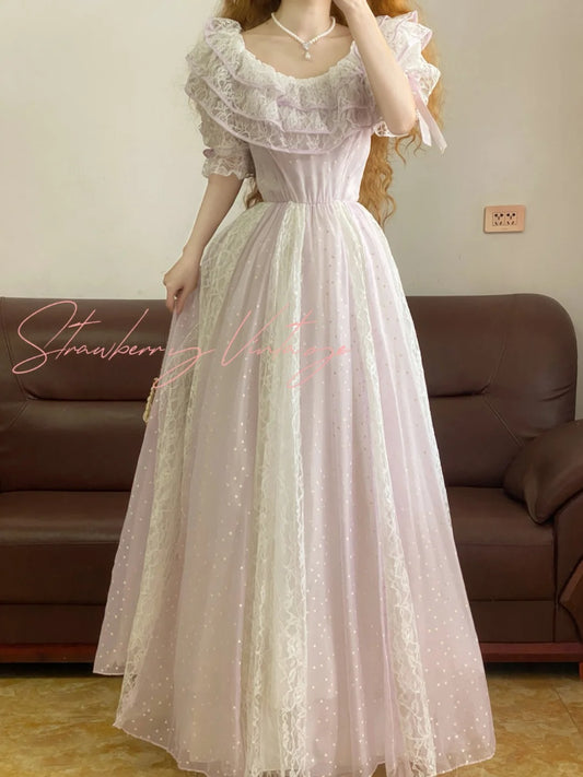 Light Purple Long Lace Tulle Birthday Dress Elegant Party Dress nv5084