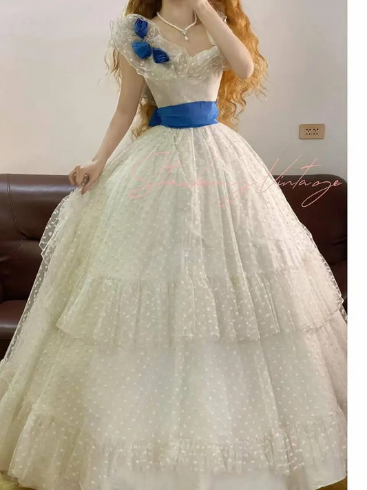 White blue floral vintage elegant long tulle ball gown evening dress nv5017