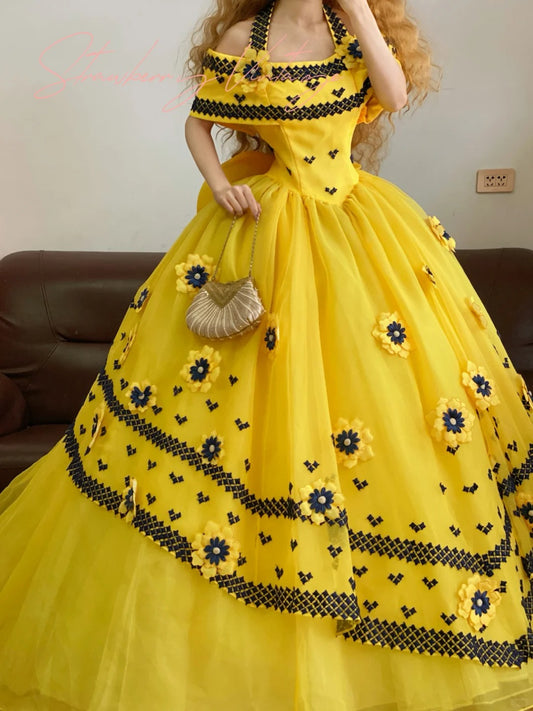 Yellow Floral Elegant Sunflower Long Tulle Ball Gown nv5022