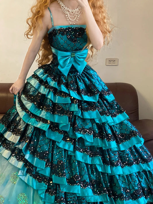 Blue rhinestone beaded long ruffled fashionable long satin princess ball gown nv5046