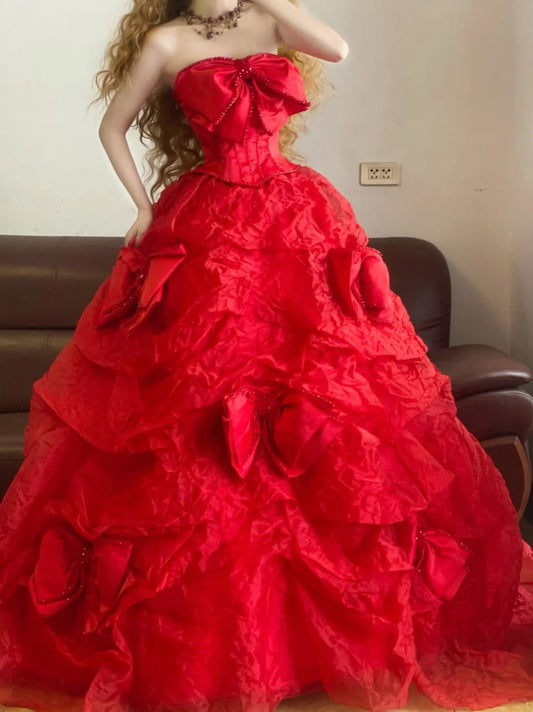 Red Beaded Bow Long Tulle Vintage Ball Gown nv5041